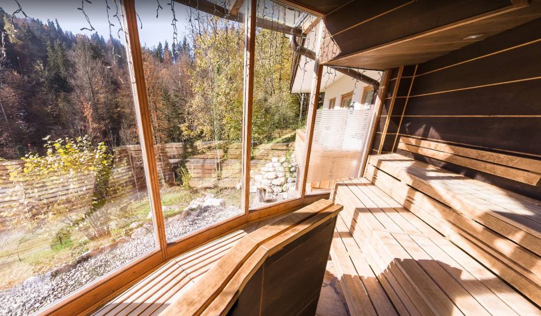 Wildbach Sauna mit Panorama Fenster